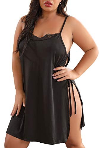 XAKALAKA Women Plus Size Lace Babydoll Lingerie Side Slit Strappy Chemise Sleepwear Black XXL