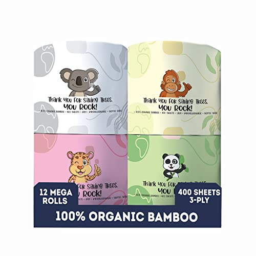 MOTHER EARTH Bamboo Toilet Paper - Ultra Soft & Strong 3-Ply Bath Tissue, 400 Sheets Per Roll, Hypoallergenic & Septic Safe, Mega Rolls, Pack of 12 Rolls