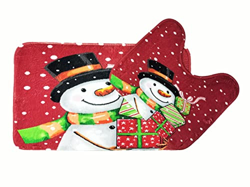 Velosso 2pce Christmas Festive Bath Mat and Pedestal Mat Set Non Slip Bath Rug Set (Snowman)