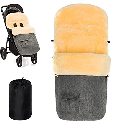 Zamboo Lammfell Fußsack 2in1 für Kinderwagen & Buggy - Universal Baby Winterfußsack und Einlage aus Merino Lammwolle für Kinder - Grau
