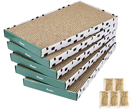 PAWSFANS Cat Scratcher Cardboard Scratch Pad with Box Durable Corrugate Scratching Board Kitty Sofa Lounge Bed Reversible Catnip Included for Indoor Cats,Large (Box, 5pcs)