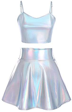 Alien Costume pour femme,En argent,Sexy,Métallisé,Haut,Crop Top+jupe plissée,Mini skater,Jupes Kawaii,Burning années 90,Halloween,Carnaval,Festival,Tenue rave,Laser,Bretelles spaghetti,XXL