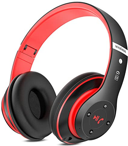 Rebocico Bluetooth Headphones Over Ear, 6 EQ Modes Wireless Headphones Over Ear,65 Hours Playtime Foldable Lightweight Wireless Headphones,with Built-in HD Mic, FM, SD/TF for PC/Home（Black & Red）