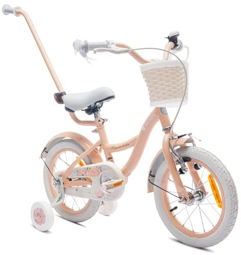 sun baby Mädchenfahrrad 14 Zoll Radgröße Flower Bike zur Auswahl, mit Abnehmbarer Schubstange, Kinderfahrrad für Mädchen von 2 bis 6 Jahre (Aprikose, 14 Zoll)
