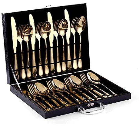 Exklusivt kniv-, gaffel- och skedbestickset, middagsgaffel i rostfritt stål, silverbestick, för familjerestaurangbröllopsfest (guld 24 delar) Decoration