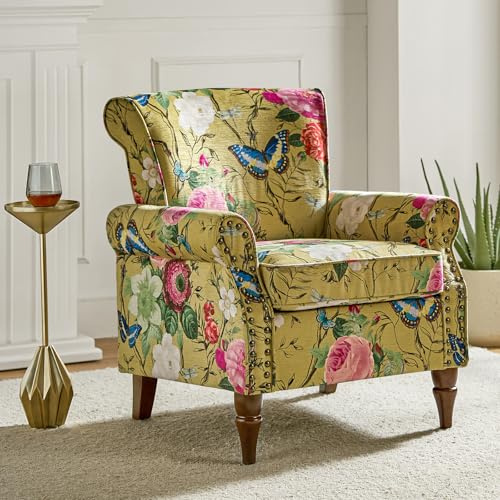 FABRICATION HAUS Modern Wingback Accent Sofa Chair with Wood Legs & Removable Cushion, Comfy Upholstered Armchair with Nailhead Trim, Floral Pattern for Living Room Bedroom, YELLOW
