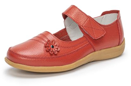 Rusffes Womens Leather Mary Jane Shoes Ladies Wide Fit Flat Shoes Casual Work Office Nurse Shoes Orange Red 8uk