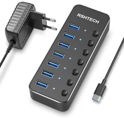RSH-518C USB-Hub, USB 3.0, Stromversorgung RSHTECH auf 7 Ports, USB 3.0, SuperSpeed Port, Datenverteiler, mit 5 V/2 A Stromversorgung und individuellen Schaltern für Laptop und PC, Powered USB Hub