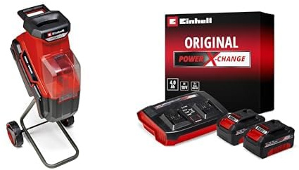 Einhell Trituradora de cuchillas con batería REDAXXO 36/25 Power X-Change 36V, máx. 25mm de grosor de rama, bolsa colectora de 55L + Einhell Starter Kit 2 x 4 Ah Battery and Twincharger 18 V