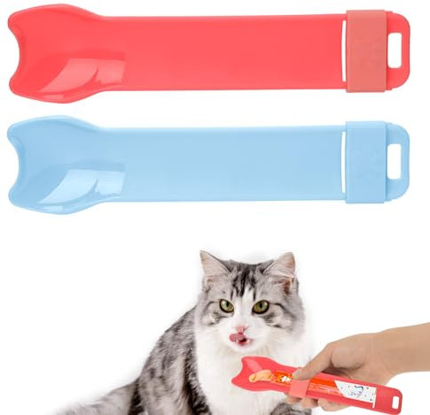 2stk Katzenfutter Spender, Süßer Leckerli-Löffel für Kätzchen Katzenfutterstreifen Multifunktionaler Katzenpüree-Löffel Innovativer Katzenleckerli-Löffel für Hunde und Katzen (Rosa, Blau)