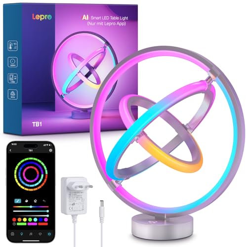 Lepro AI Smart Tischlampe TB1, Personalisierter KI-Lichtdesigner, Musik Sync/APP Sprachsteuerung Tischleuchte, Table Lampe Dimmbar, RGB+IC-Technologie, Kompatibel mit Alexa/Google, Keine Fernbedienung