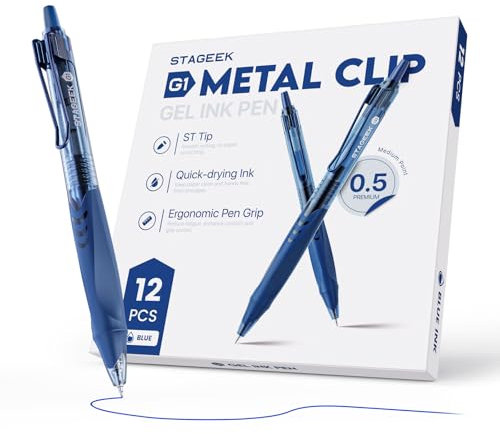 STAGEEK 12 Gel Gelstift 0,5 mm mittlere Spitze, Einziehbar, 12 Pack blaue Tintenstifte für Tagebuchschreiben, Schreiben, Schule, Büro (blau)