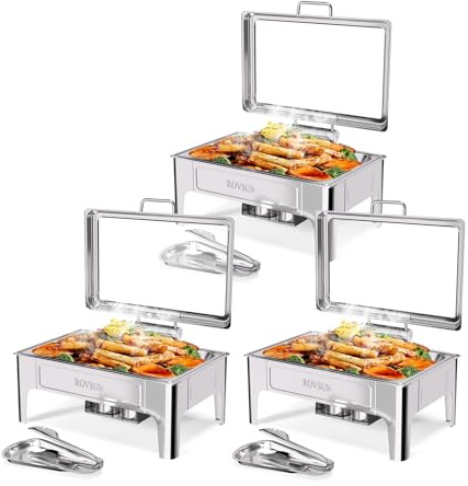 ROVSUN 9QT 3 Pack Roll Top Chafing Dishes for Buffet, Chafing Dish Buffet Set, Rectangular Stainless Steel Chafers and Buffet Warmers Sets with Glass Lid & Serving Tong for Parties Weddings Catering