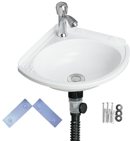 Small Bathroom Sink Wall Mount Bathroom Corner Sink, Triangular wash basin No-Drill Installation Self-Adhesive 12 x 12 Inch with 1.26 Inch Faucet Hole, Mini Rv sink Plastic Sink for Home, Dorm, Garage