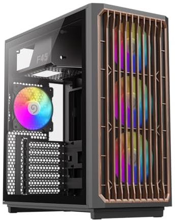 GAMEMAX F45 Mid-Tower Nero PC Case ATX, Frontale con decorazione in legno, 4 ventole ARGB PWM con Aura Sync, scheda madre BTF, pannello laterale in vetro, PC Case per gaming