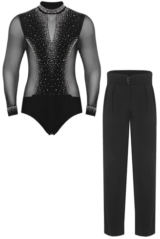 ranrann Ensemble Tenue Patinage Artistique pour Homme Justaucorps Strass Manches Longues et Pantalon Costume Danse Gymnastique
