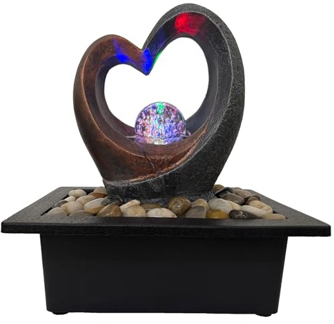 Indoor Tabletop Water Fountain, Zen Meditation Waterfall Fountain with ON/Off Switch, Heart Shape Decoration with LED Light for Home Office Relaxation Decor