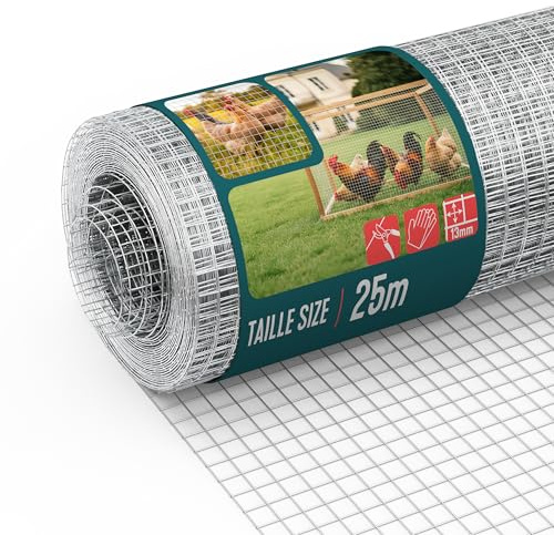 VOUNOT® Malla de Alambre Soldada Rollo de Malla Metálica Electrosoldada Galvanizado 50cm(H) x 25m(L) Agujero 13x13mm Ø Alambre 0,7mm Valla Gallineros para Jaulas de Conejos Jardín Roedores Pequeños