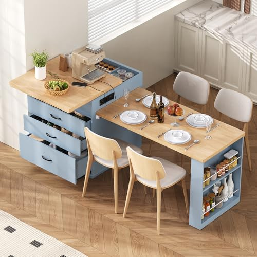 NuvlaGu Isola da cucina con ruote e tavolo estraibile, illuminazione a LED, ciabatta, spazio di archiviazione, isola da cucina multifunzionale come tavolo da pranzo, credenza o tavolo da bar blu (blu