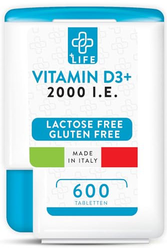 Vitamin D3 Hochdoisert 2000 IU PiùLife 600 Tabletten Reines Vit D3, Vitamin D3 2000 IE, Immunabwehr Knochen Muskeln Zähne Vegan Gluten und Laktose frei
