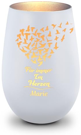 GRAVURRADE lykta med gravyr – för evigt i hjärtat – personlig med namn – sorg lykta av glas – sorgsbelysning för begravning eller som souvenir – färg: vit/silver
