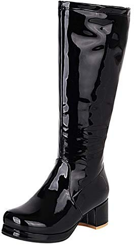 MJIASIAWA Damen Mode Runde Zehen Lack Reitstiefel Plateau Komfort Block Mitte Absatz Party Knee Winterstiefel Schwarz/Chang Gr 31 Eu