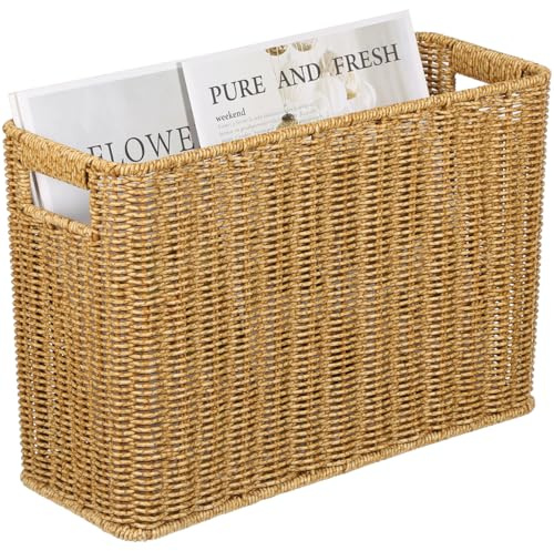 Amosfun Cesta Para Revistas Tejida A Mano Soporte De Estrecho Natural Papelera De Mimbre Para Periódicos Con Asa Cesta Rectangular Alta Y Estrecha Para Libros Toallas