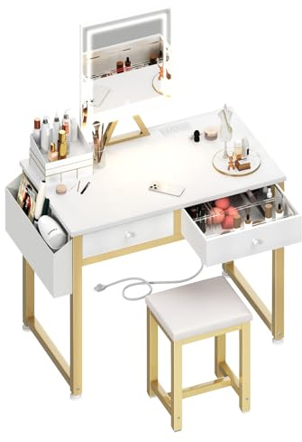 Lufeiya Litet sminkbord med tyglådor, 81 cm vita sminkbord med spegel och ljus, toalettbord och stolset med eluttag för flicksovrum, vitt guld