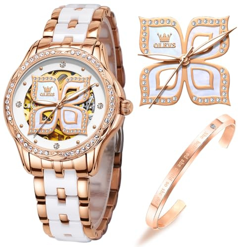 OLEVS Montre automatique pour femme - Or rose - Squelette mécanique - Remontage automatique - Élégante robe de luxe - Diamant blanc - Bracelet en céramique - Cadeau, 6612 : trèfle à quatre feuilles,