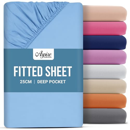 Aspire Homeware Single Fitted Sheet - 25 cm Deep Hotel Quality (Light Blue) Bed Sheets - Soft & Breathable Fitted Sheet Single Bed - Anti-Wrinkle Easy Care Fitted Sheets