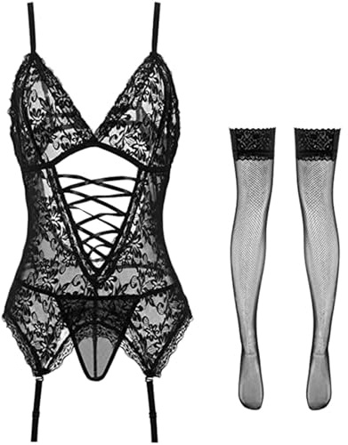 Women Lingerie Set Lace Bodysuit with Garter Belt Sexy Teddy Babydoll with Suspenders Thigh High Stockings Floral Strappy Underwear Deep V Neck Nightwear for Valentine Halloween Date (Black, S-L)