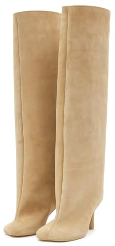 UBWDU Women's Suede Knee High Boots Wide Calf Square Toe Stiletto Heels Tall Booties High Heel Long Boots Beige 8.5