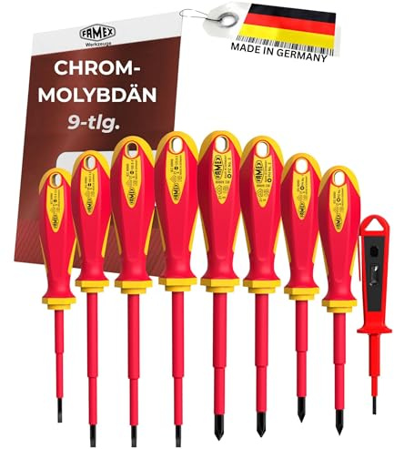 FAMEX 7737-9 Schraubendreher Set 9-teilig, VDE geprüft, isoliert 1000 V Profi Schraubenzieher Set, Kreuz und Kreuzschlitz, Elektriker Werkzeug