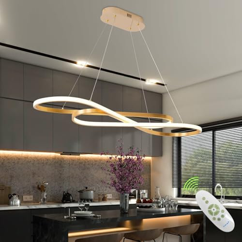 Lampada a Sospensione a LED Dimmerabile Oro Lampada da Tavolo da pranzo Moderna con Telecomando con Design ad arco Lampadario Regolabile in altezza per Sala da Pranzo Soggiorno Cucina