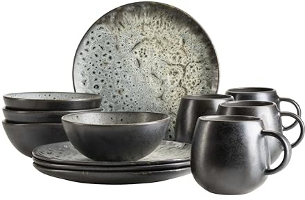 MÄSER Carellia Servizio da colazione 12 pezzi – Gres Portogallo – Smalto reattivo – 4 piatti da dessert 23 cm, 4 ciotole da 15 cm, 4 tazze da caffè da 430 ml, lavabili in lavastoviglie e adatti al