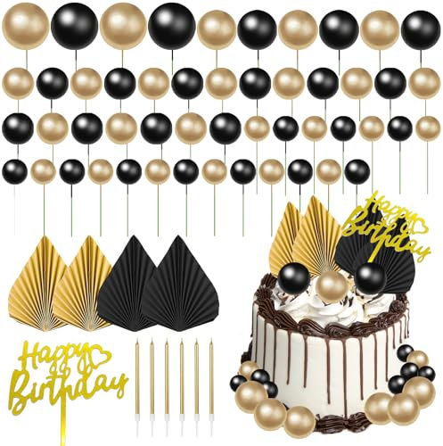 GOTRUST 61PCS Boules de Décoration de Gâteau Or Noir, Topper Gâteau Mini Ballon, Balle Gâteau Topper, Happy Birthday Toppers Boule Cupcakes pour D'anniversaire Mariage Anniversaire Fête