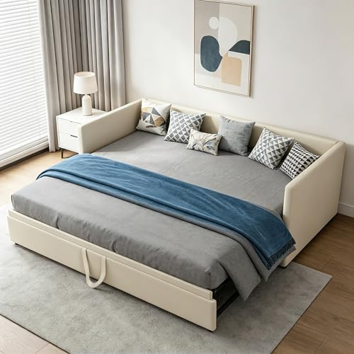 YGHQAP Divano letto convertibile 90/180 x 200 cm, divano letto 2 posti estraibile con rete a doghe multifunzione, telaio letto imbottito per 2 persone in velluto, senza materasso (Beige)