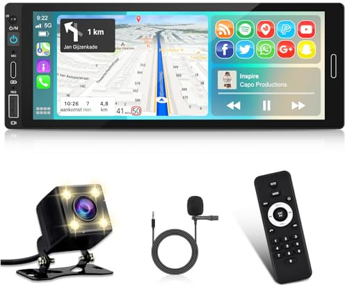 Single Din Carplay Car Stereo with Car Play Android Auto - 6.86 inch 1 Din Touch Screen Bluetooth Radio, Mirror Link/SWC/FM/7 Color Buttons + Reversing Camera