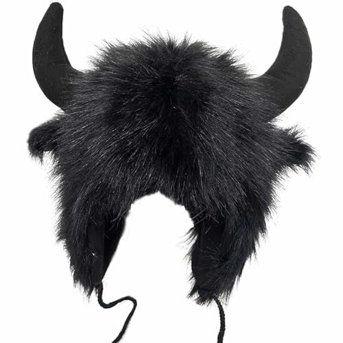 FGUUTYM Cappello di bufalo con corna, paraorecchie peloso, cappello invernale, bufalo, morbido copriorecchie, cappello invernale, Nero , Taglia unica