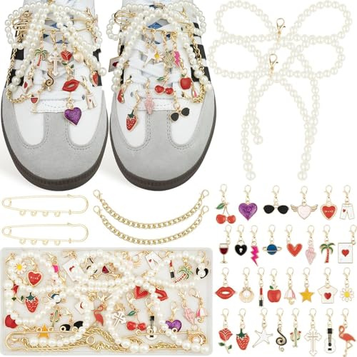 wdsilkbo 36PCS Shoe Charms Set, Gold and Pearl Bow Shoelace Charms for Sneakers, Decorative Shoe Accessories, Cute Rhinestone and Flower Charms for Personalized Footwear Style