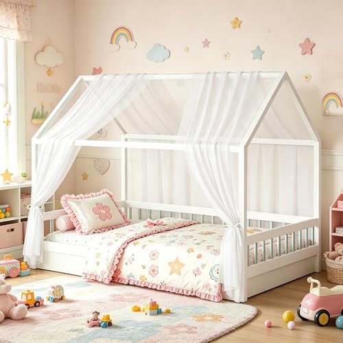 MeYuxg Lot de 2 Baldaquins de Lit de Maison pour Décoration de Lit de Maison, 150 x 350CM Anti-Moustiques Ciel de Lits en Coton Bio, Rideau de Lits Respirant en Mousseline pour Enfant (Blanc)