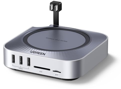 UGREEN Mac mini M4 Dock 40 Gbps M.2 NVMe SSD-kabinett, 5 x 10 Gbps USB-portar, dockningsstation med HDMI (8K@30Hz max.) för dubbla skärmar, SD/TF 4.0 och 3,5 mm Aux – Kompatibel med Mac mini M4/M4 Pro | 10 portar, med M.2 NVME SSD-hölje, HDMI 8K 30Hz Max, 5 USB 3.2 4A1C 10 Gbps, TF 4.0 SD-kortläsare, 3,5 mm ljud