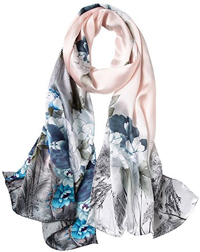STORY OF SHANGHAI 100% Mulberry Silk Scarf for Women Reed Bluebell