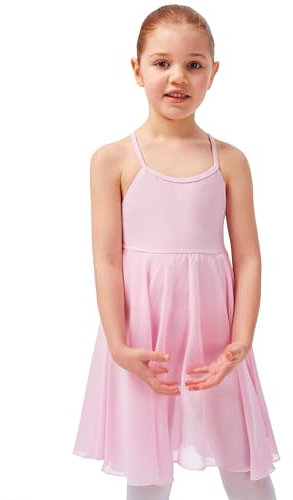 tanzmuster ® Ballettkleid Mädchen Träger - Alma - aus weicher Baumwolle mit langem Chiffon Röckchen Trikot Ballettanzug Ballettbody fürs Kinder Ballett in Hellrosa, Größe:164/170