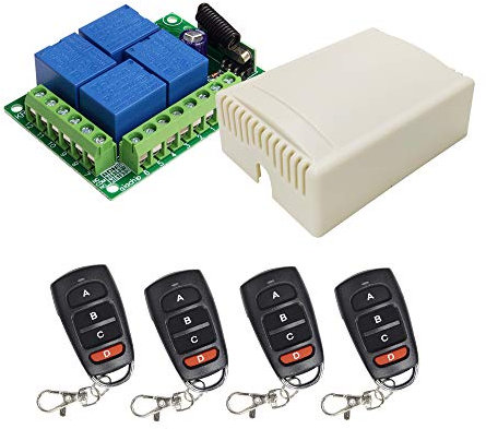 QIACHIP 433MHz RF Funk Fernbedienung Schalter Kabellos 4 Kanäle Relais 12V Empfänger mit 4 Sendern für Motor Garagentor Licht Elektrische Vorhang