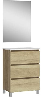 Baikal, Conjunto de baño Natura. Mueble de Baño de Fondo Reducido, con Lavabo cerámico. Distribución Tres Cajones. Mueble MONTADO. Tres Cajones con Espejo. Fondo 36cm 60 cm Nature