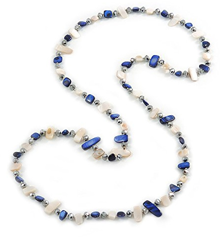 Avalaya plastron halsband i kristallpärlor och nuggets blå/off-white 110 cm, glas snäckskal, kristall, Skalglas, Kristallglas