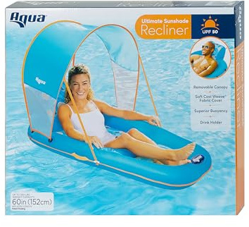 Aqua Pool Float with Canopy, Cup Holder - Oversized Luxury Recliner Swimming Pool Floating Lounger, Heavy Duty with Removable Sun Shade Cover, Drink Holder, Ergonomic Headrest, XL Floating Recliner