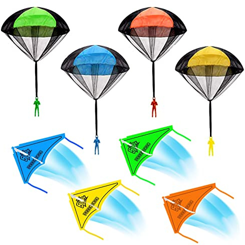 xwin sportseries PACK OF 8 Outdoor Hand Throw Toys 4 Gliders and 4 Parachutes Toy Set, Gliders + Parachute Toy Set for Kids, Kids Mini Glider and Parachute Flying Sport Game, Throwing Parachute Toys