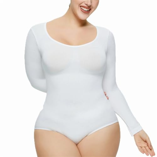 Dninmim Body de manga larga para mujer, elástico, sin costuras, control de abdomen, moldeador de cuerpo, blanco, 3XL